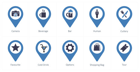 A set of 10 Location Pointer icons as camera, beverage, bar