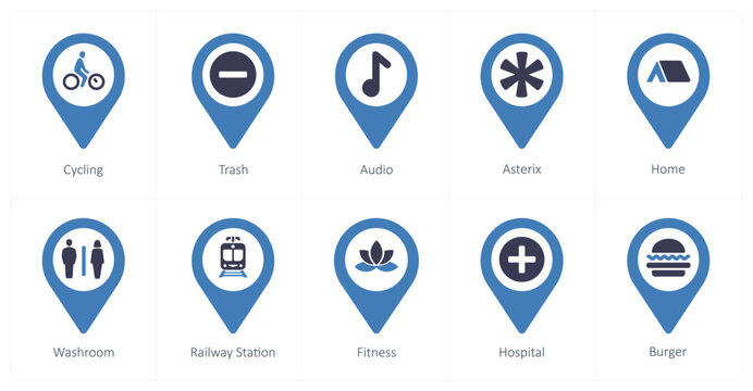 A set of 10 Location Pointer icons as cycling, trash, audio