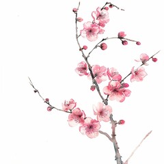 Detailed High-Resolution Watercolor Painting of Chinese Style Pink Plum Blossom Branch on White Background