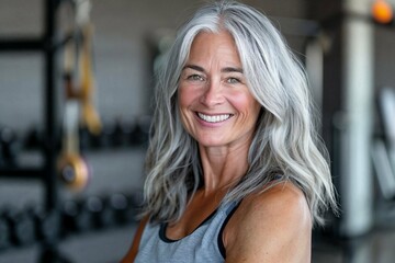Elderly woman with silver hair smiling in gym outfit, standing confidently against blurred...