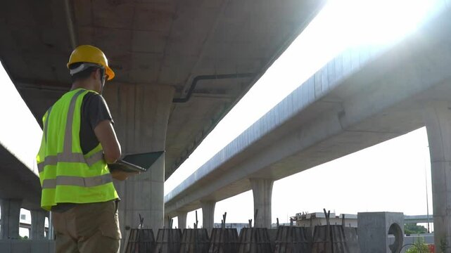 Asian construction supervisor wearing a laptop inspects construction work highway road bridge