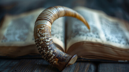 A shofar rests on an open book, symbolizing the solemn observance of Yom Kippur