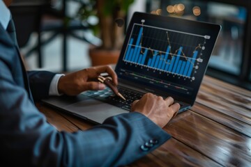 Businessman in suit using laptop with chart, focusing on business technology integration