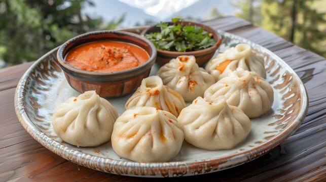 A serving of Nepalese momos with steamed dumplings filled with vegetables and spices, served with a side of tomato chutney, placed on a ceramic plate with a view of Mount Everest