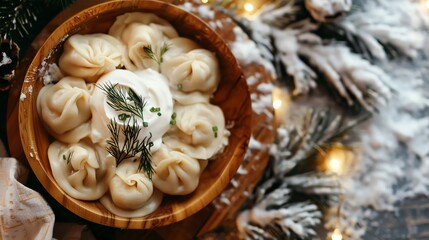 A serving of Russian pelmeni with minced meat filling, served with sour cream and dill, placed on a wooden plate, photographed with a backdrop of a snowy Russian village