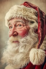 A man with a red hat and beard is wearing a red Santa hat. He has a red nose and is smiling