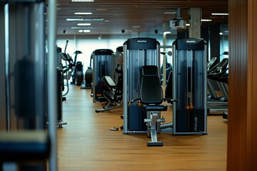 Fully equipped gym interior with bodybuilding equipment and machines for fitness enthusiasts