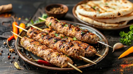 A serving of Syrian kebabs with grilled minced meat, served with flatbread and vegetables, placed on a ceramic plate, photographed in a Syrian desert with scattered mangrove plants