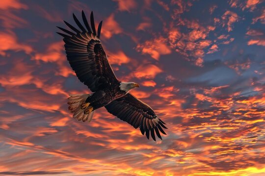 A majestic eagle soaring in a vibrant sunset sky, captured from a striking low-angle perspective in detailed, photorealistic 3D,