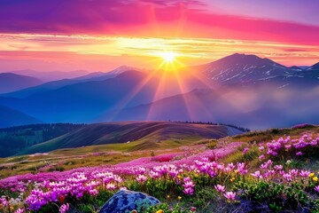 Majestic mountain sunset with vibrant wildflowers