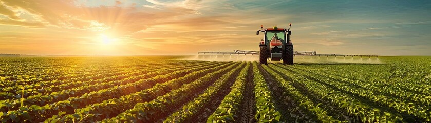 Tractor spraying crops at sunset on a vast farm field  , flat design, organic lines,