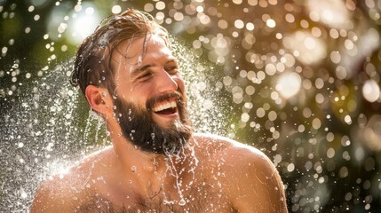 Joyful man laughing as water splashes around him outdoors