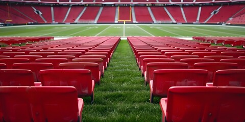Fototapeta premium An Empty Football Stadium Without a Game or Fans. Concept Lonely Stadium, Abandoned Venue, Empty Seats, Quiet Moments, Tranquil Arena