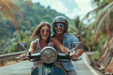 Couple on scooter enjoying nature vacation, adventure travel in india, excited exploration journey