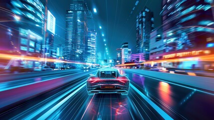 Fototapeta premium Autonomous driving is the future of urban car mobility. An AI car, a futuristic neon car on the street in a futuristic city.