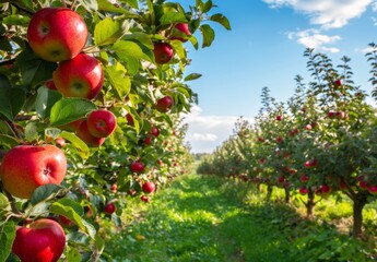 Apple orchard in autumn green grass, beautiful scenery, green nature