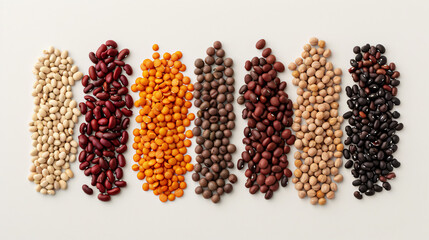 A colorful row of various beans and lentils arranged on a white background.