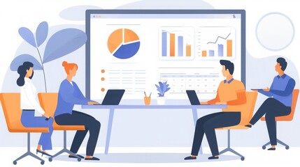 Illustration of a team collaborating on data analysis with charts and graphs displayed on a screen in a modern office setting.