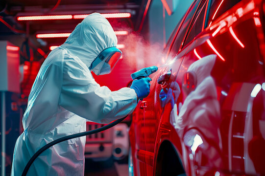 Automotive mechanic in protective suit painting a red car with spray paint