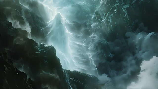 As if frozen in time a translucent spirit lingers above the well its form almost ghostly and fragmented as if suspended between worlds.