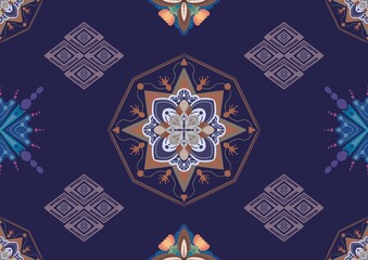 Ikat floral paisley embroidery on dark background.geometric ethnic oriental seamless pattern traditional.Aztec style abstract vector illustration.design for texture,fabric,clothing,wrapping,carpet.