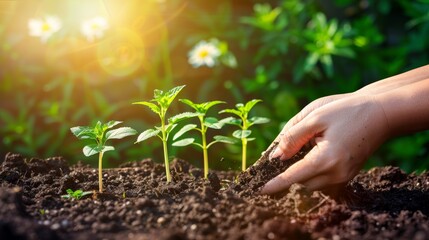 Nurturing young plants in fertile soil under sunlight