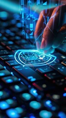 Naklejka premium A person typing on their laptop with the symbol of security and safe data, surrounded by documents in an office setting A glowing shield icon appears above them as they type