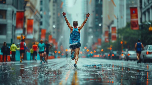 Woman running with arms in air in rain