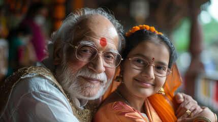 Fototapeta premium Old man and young girl posing for a picture