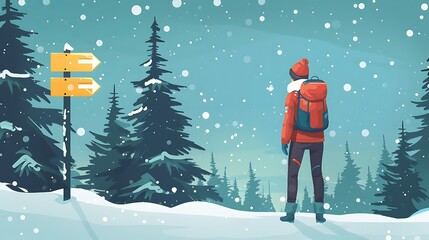 Crossing the Arctic Circle Illustrate a traveler bundled up in winter gear, standing next to the Arctic Circle signpost. Snow-covered pine trees and the Northern Lights should complete the scene.