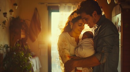 Mexican couple holding baby in kitchen