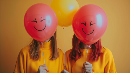 Two people holding balloons with faces drawn on them