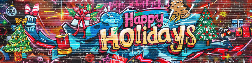 Fototapeta premium Happy Holidays text graffiti vibrant festive mural urban art street art graffiti brick wall Christmas theme banner yellow red blue bright graf spray painted colorful bright cheerful vibrant city cheer