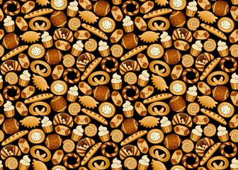 Bakery various products. Seamless background. Bakery various products. Seamless black vector background 