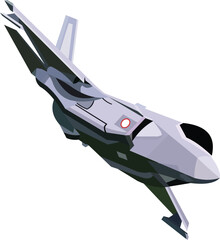 vector image. a black and gray F-35 jet fighter plane is in the air and maneuvering to dive down