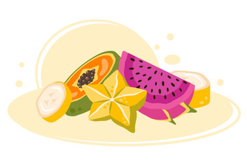Juicy slice of dragon fruit, banana, papaya, carambola. Summer Sweet fruits composition. Fresh organic healthy food. Natural snack. Fruit art print. Vector flat cartoon illustration