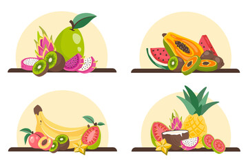 Set of Exotic fruits stickers. Fresh Tropical fruits in peel, cut into circles, slices. Fruit clipart. Organic healthy food. Dragon fruit, papaya, coconut, banana. Natural snack. Vector illustration