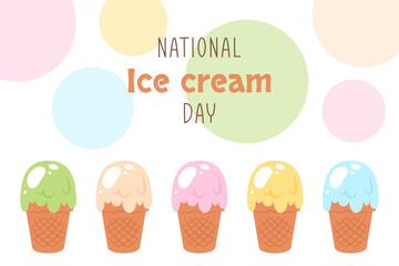 Ice cream day. Greeting banner with color Tasty icecream balls in waffle cones. Set of delicious icecream scoops with various fruit topping and flavor. Vector flat cartoon illustration