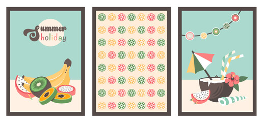 Cool Summer Cocktail in Coconut. Tropical beach drink with umbrella, straw, exotic flower, seashell. Composition of Fresh exotic fruits. Tropical citrus background. Vector flat cartoon illustration