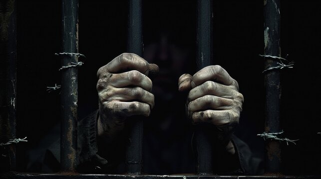A dark, dramatic image of hands gripping prison bars, highlighting the sense of confinement and desperation, with the figure behind the bars barely visible in the shadows.
