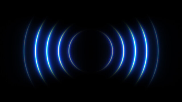 Futuristic neon background of blue glowing sound waves. Audio waveform visualization. Neon radar and searching process. Radial music and audio waves. Blue neon lights forming circles. 