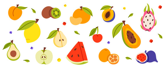 Set of different fruits and berries. Organic vitamins, isolated on a white background