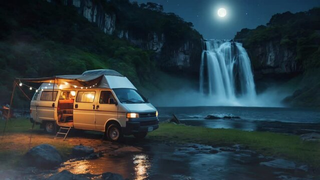 Van and camping with waterfall, in smooth looping background with 4K video.