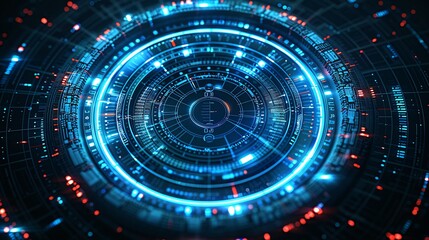 Futuristic Abstract Blue and Red Digital Technology Interface Circular Panel