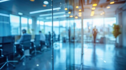 Obraz premium Abstract Blurred Office Interior Through Glass Doors