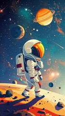 a little cute baby wearing Extravehicular Mobility Unit and helmet walking in outer space against planet, flat design, minimal shapes,