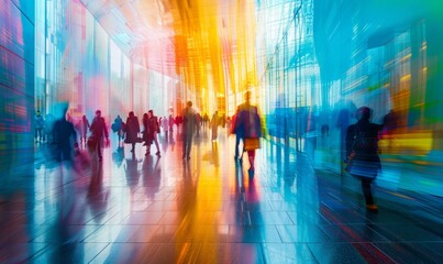 Long exposure shot of crowd of business people walking in bright office lobby fast moving with blurry