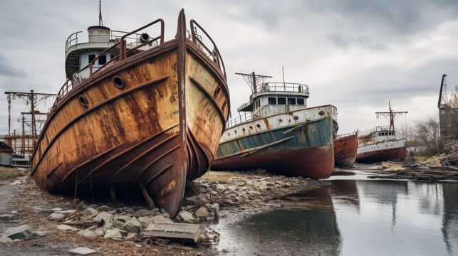 Rusty shipyard with decaying boats, echoes of maritime history