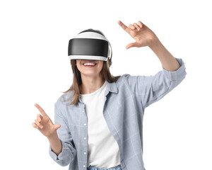 Smiling woman using virtual reality headset on white background