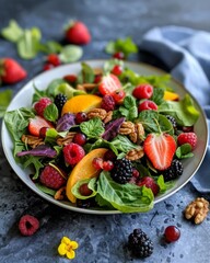 A vibrant and healthy salad featuring mixed greens, assorted berries, and a variety of nuts, showcasing a colorful and fresh presentation